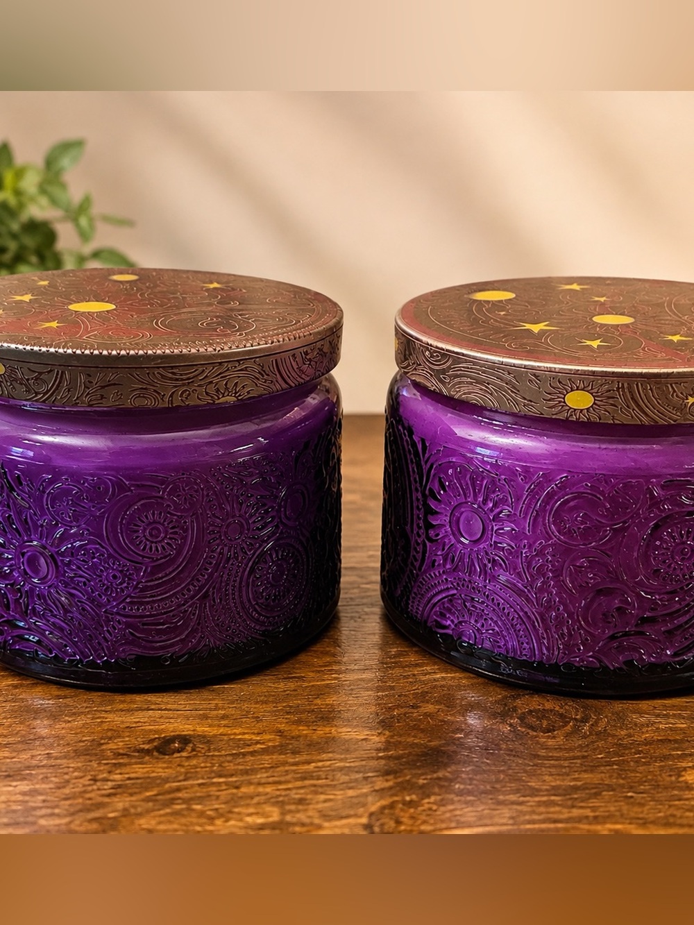 Chocolate & Vanilla | Set of 2 | Purple Embossed Glass Jar Candle with Lid